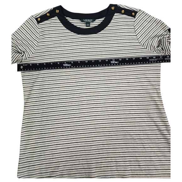 Lauren Ralph Lauren Wom LG Tee Black Striped Gold Buttons Classic Timeless Chic - Picture 5 of 11